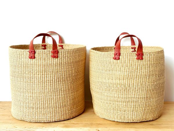 Handwoven Basket with Leather Handles