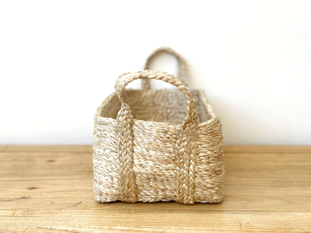 Handwoven Jute Basket Natural Rectangle Small With Handles