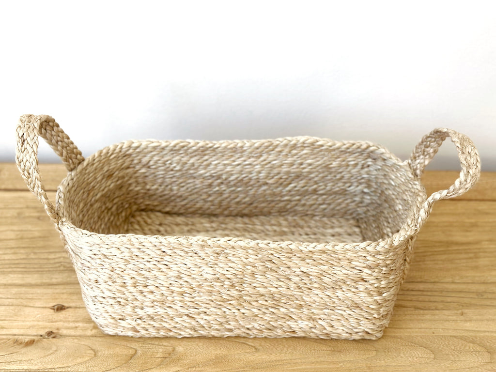 Handwoven Jute Basket Natural Rectangle Small With Handles