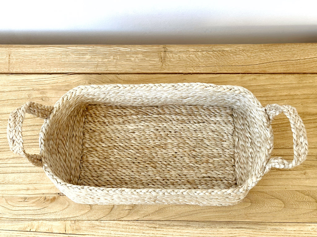 Handwoven Jute Basket Natural Rectangle Small With Handles