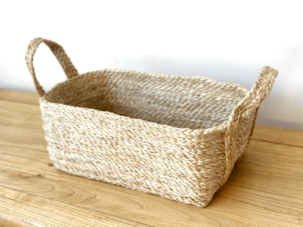 Handwoven Jute Basket Natural Rectangle Small With Handles