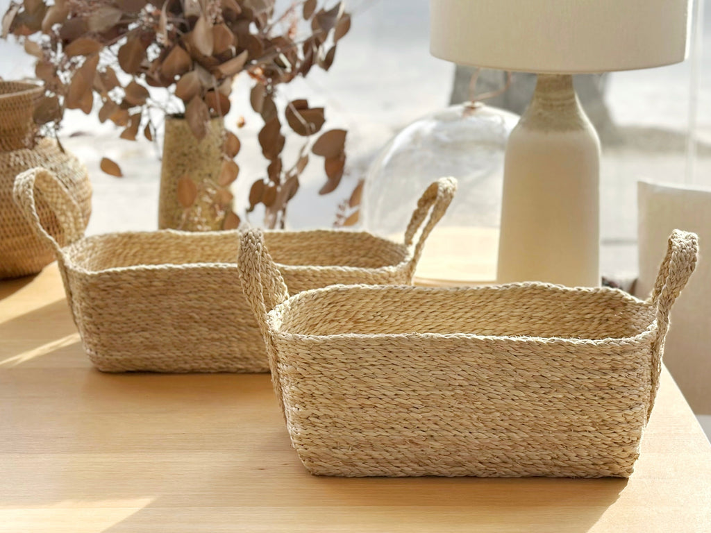 Handwoven Jute Basket Natural Rectangle Small With Handles