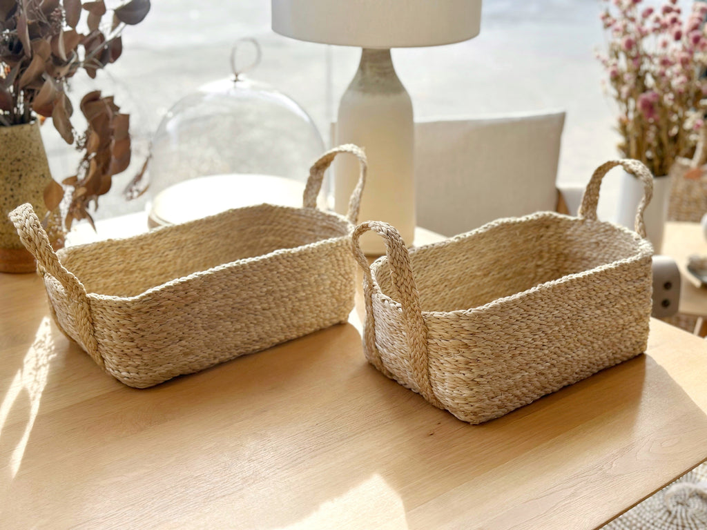 Handwoven Jute Basket Natural Rectangle Small With Handles