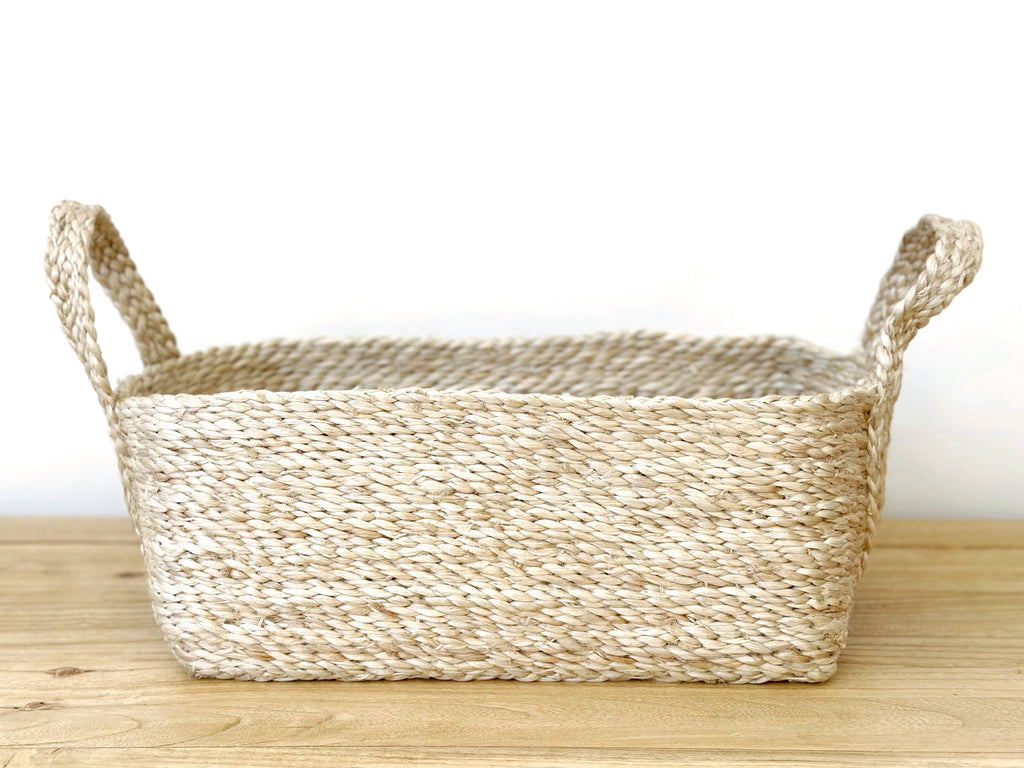 Handwoven Jute Basket Natural Rectangle Small With Handles