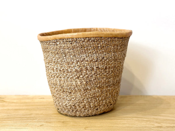 Handwoven Sisal Basket With Leather Trim