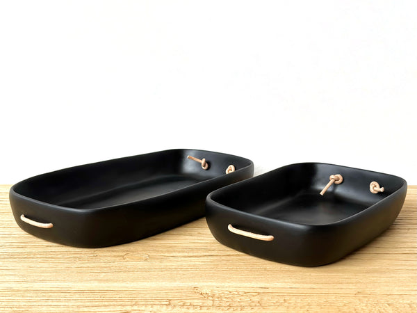 Hand-Sculpted Resin Small Tray with Leather Handles